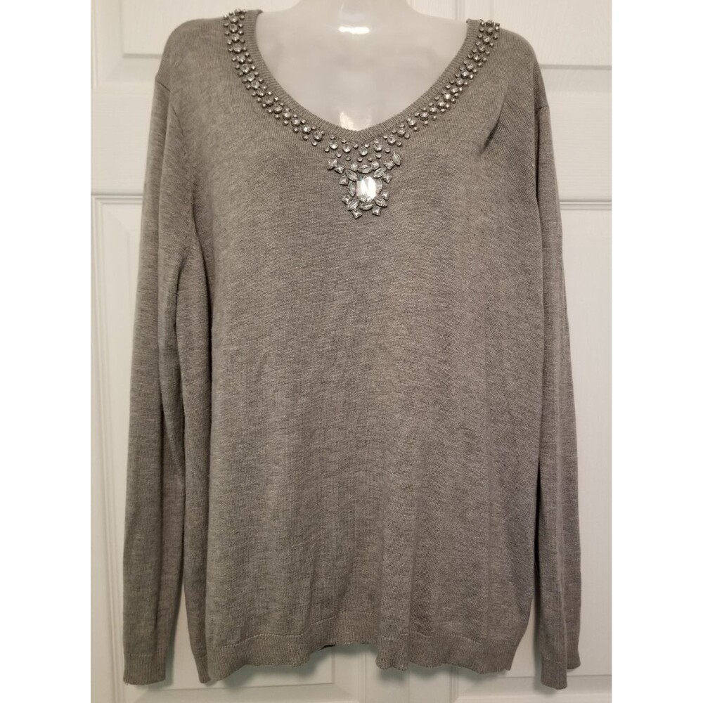 IMAN Women's Knit Sweater Top Jeweled Embellished Neckline Touch of Cashmere XL